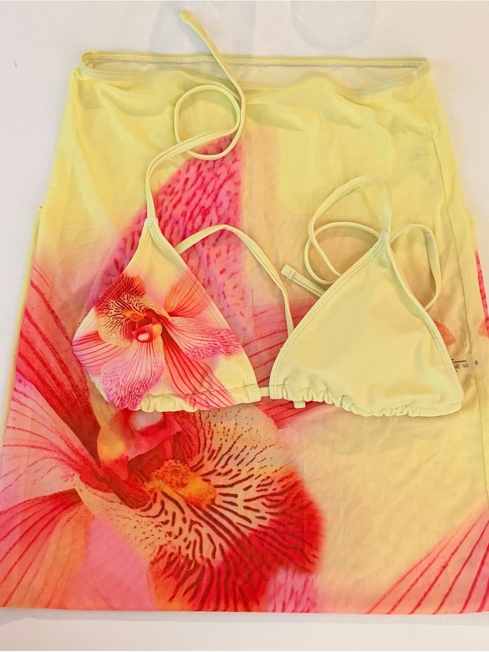Yellow floral bikini top and mesh skirt